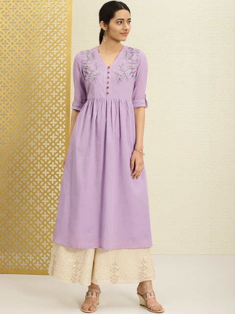 

House of Pataudi Women Purple Embroidered A-Line Kurta