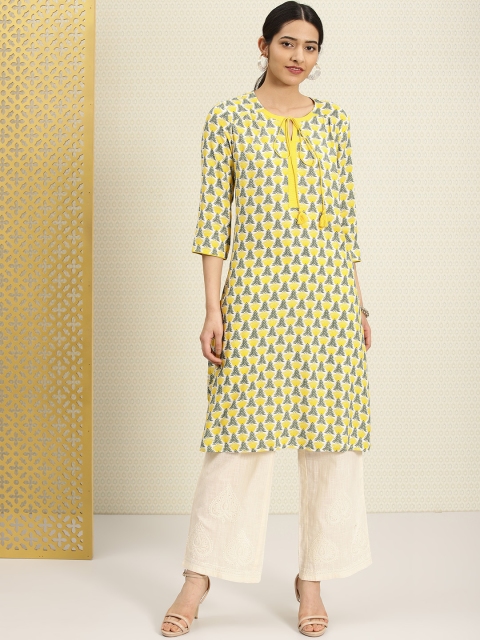 

House of Pataudi Women Yellow & Green Printed Straight Kurta