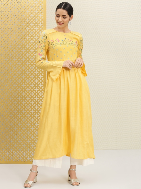 

House of Pataudi Women Yellow Yoke Design A-Line Kurta