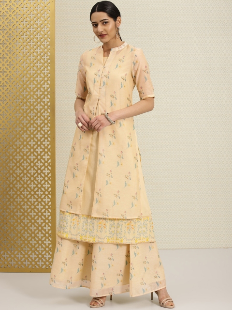 

House of Pataudi Women Beige Floral Printed Double Layered A-Line Kurta