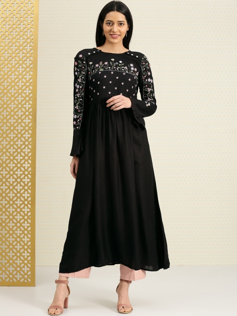 

House of Pataudi Women Black Embroidered A-Line Kurta