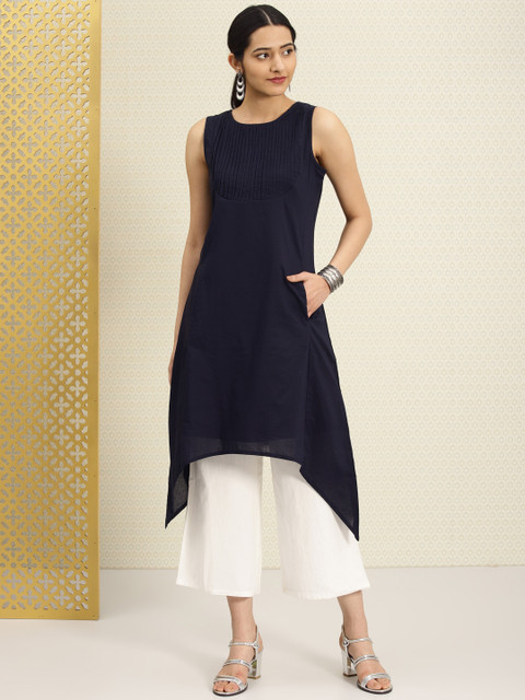 

House of Pataudi Women Navy Blue Solid Pleated Yoke Asymmetric Kurta