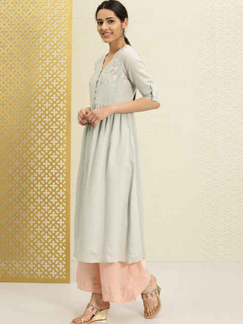 

House of Pataudi Women Green Embroidered A-Line Kotadori Kurta