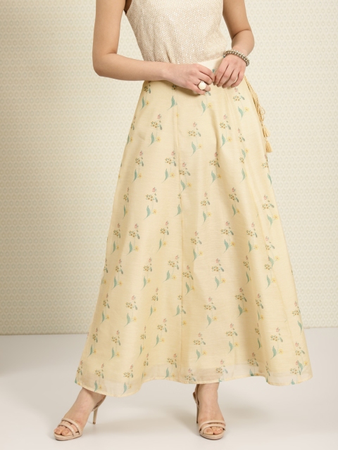 

House of Pataudi Women Cream-Coloured Printed Panelled A-Line Maxi Skirt