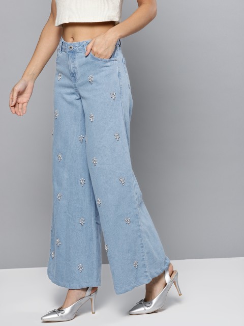 

Chemistry Women Blue Mid-Rise Clean Look Stretchable Embellished Flared Jeans