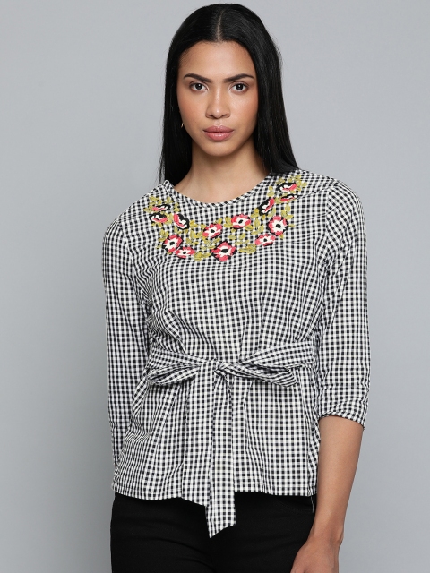 

Chemistry Women Black & White Checked Cinched Waist Pure Cotton Top with Embroidered Detailing