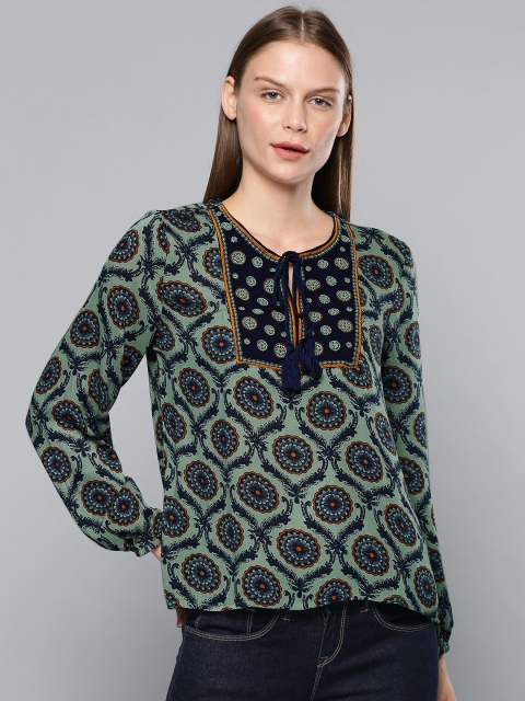 

Chemistry Women Green & Navy Blue Printed Top with Embroidered Yoke