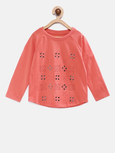 

TAMBOURINE Girls Coral Pink Embellished Raglan Sleeves Pure Cotton T-shirt