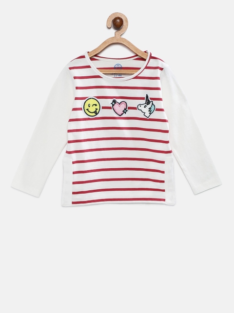 

TAMBOURINE Girls Red White Striped Round Neck Pure Cotton T-shirt