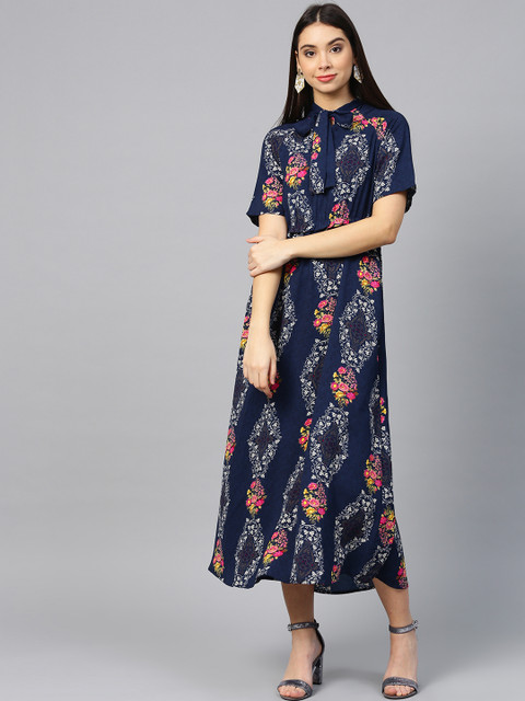 

Shree Women Navy Blue & Off-White Printed Maxi Dress