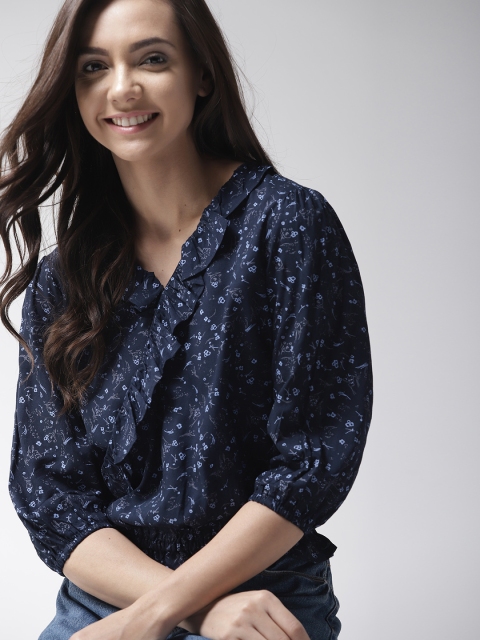 

Mast & Harbour Women Navy Blue Printed Blouson Top