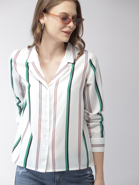 

Mast & Harbour Women Off-White & Green Regular Fit Striped Casual Shirt