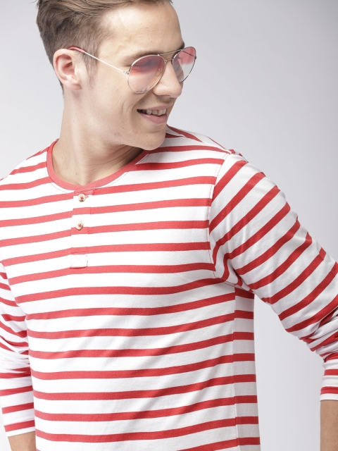 

Mast & Harbour Red & White Striped Henley Neck T-shirt