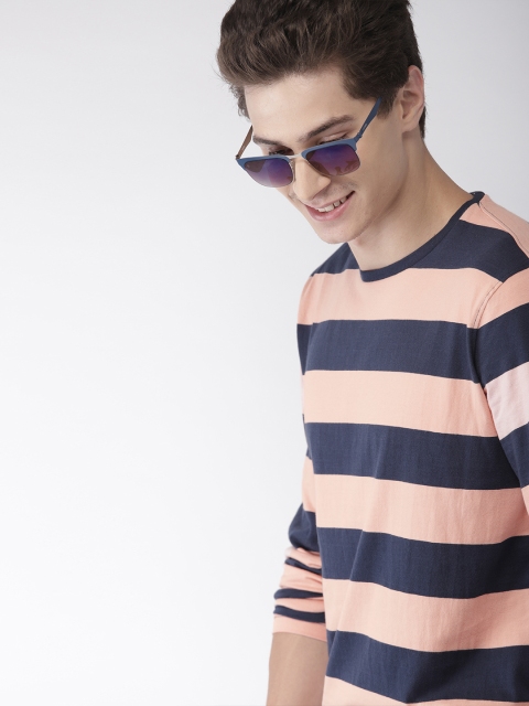 

Mast & Harbour Men Peach-Coloured & Navy Blue Striped Round Neck T-shirt