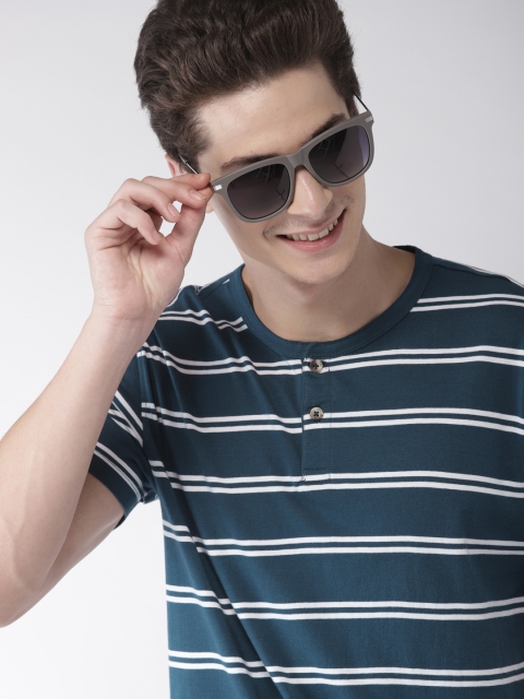 

Mast & Harbour Men Teal Blue & White Striped Henley Neck T-shirt
