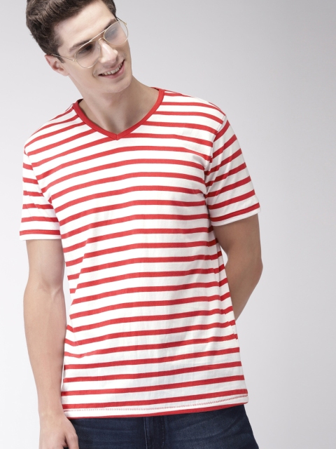 

Mast & Harbour Men Red & White Striped V-Neck T-shirt