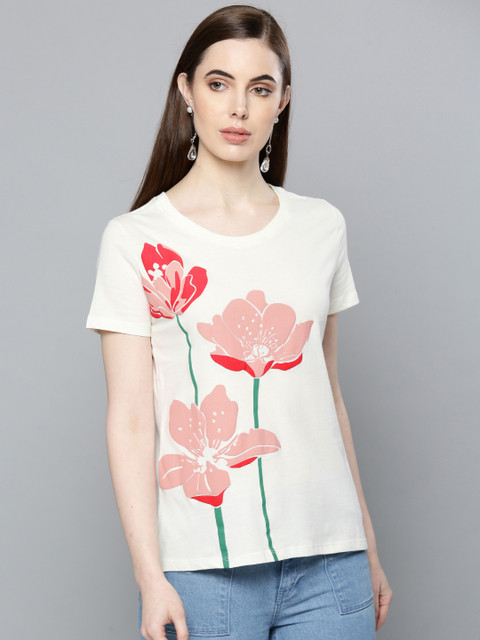 

Chemistry Women Off-White & Peach-Coloured Printed Round Neck T-shirt