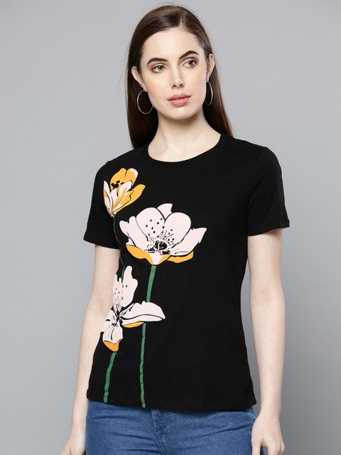 

Chemistry Women Black & Off-White Printed Round Neck T-shirt