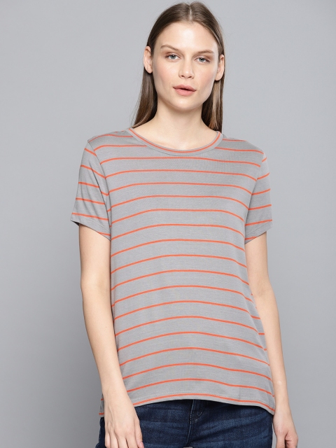 

Chemistry Women Grey & Orange Striped Round Neck T-shirt