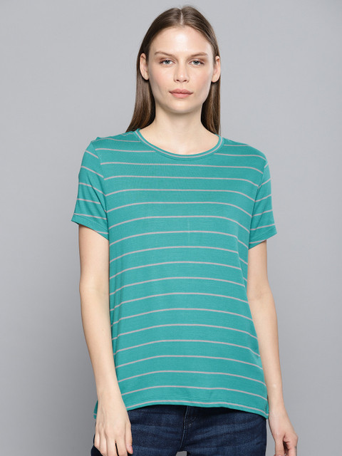 

Chemistry Women Green & Grey Striped Round Neck T-shirt