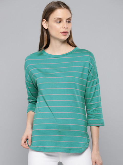 

Chemistry Women Green & Grey Striped Round Neck T-shirt