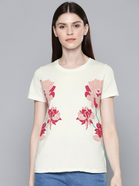 

Chemistry Women Off-White & Coral Pink Printed Round Neck T-shirt