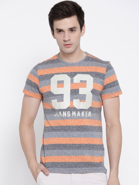

BLEND Men Grey Melange Striped Round Neck T-shirt