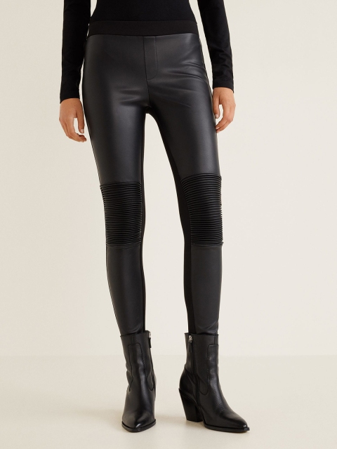 

MANGO Women Black Solid Coated Treggings