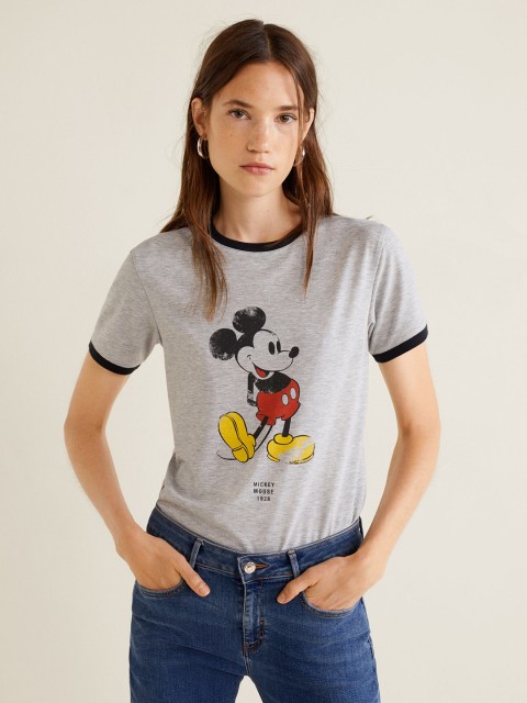 

MANGO Women Grey Melange Printed Round Neck T-shirt