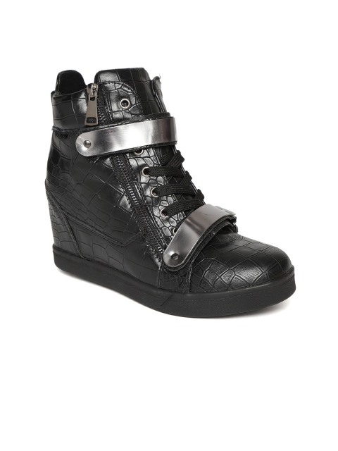 

Jove Women Black Croc Textured Heeled Boots