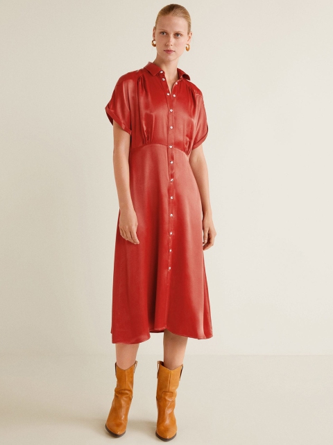 

MANGO Women Rust Orange Solid Shirt Dress