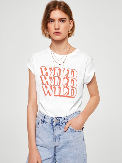 

MANGO Women White Printed Round Neck T-shirt