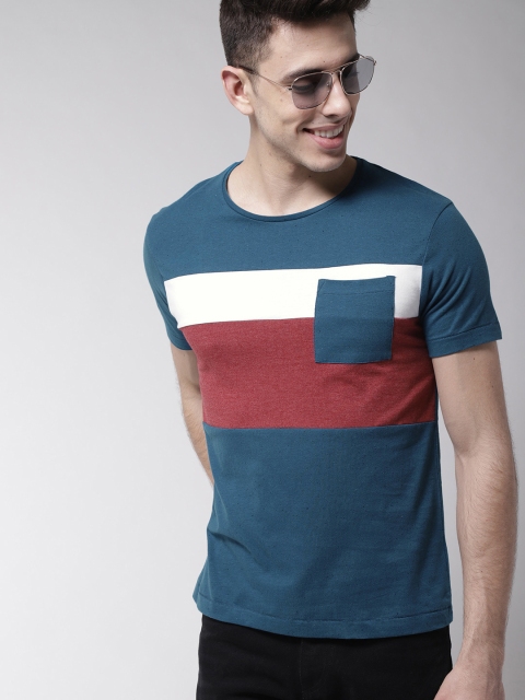 

Mast & Harbour Men Teal Blue & Red Colourblocked Round Neck T-shirt