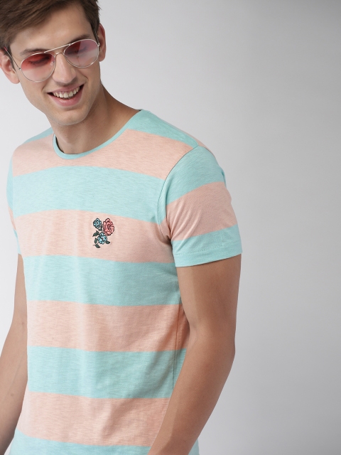 

Mast & Harbour Men Peach-Coloured Striped Round Neck T-shirt