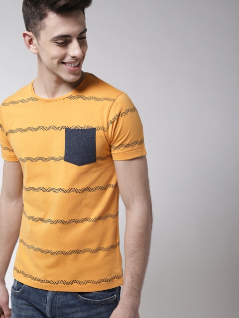 

Mast & Harbour Men Mustard Yellow & Black Striped Round Neck T-shirt