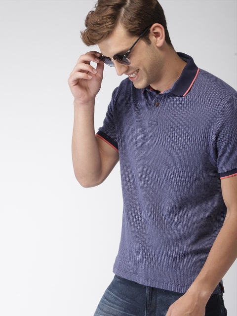 

Mast & Harbour Men Blue Self Design Polo Collar T-shirt