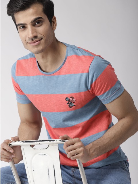 

Mast & Harbour Men Blue & Orange Striped Round Neck T-shirt