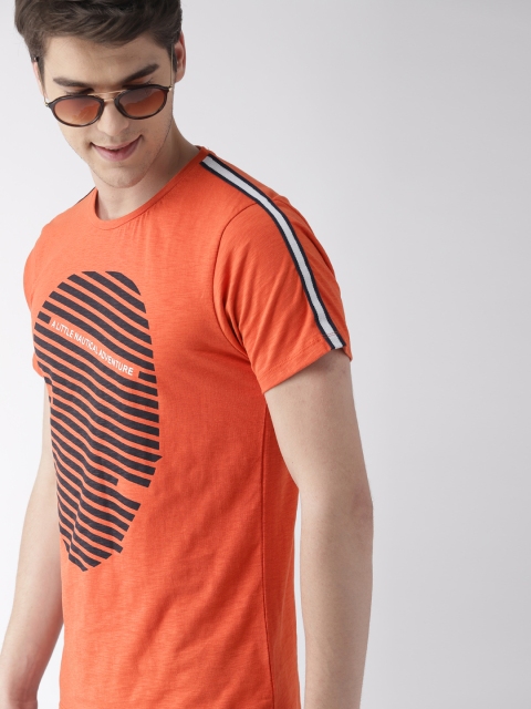 

Mast & Harbour Men Orange Striped Round Neck T-shirt