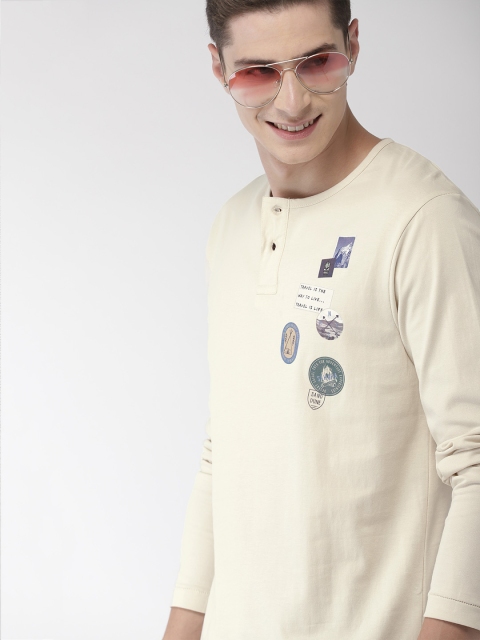 

Mast & Harbour Men Off-White Printed Henley Neck T-shirt