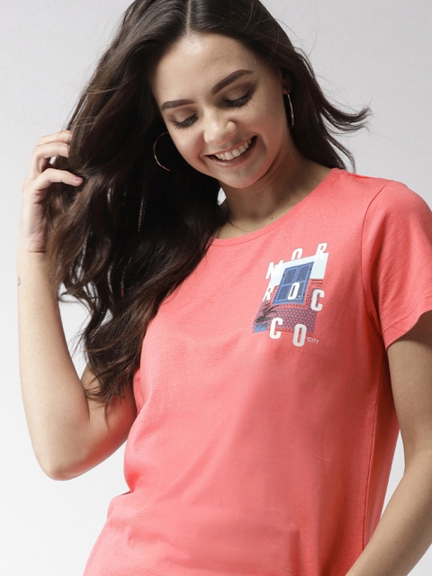 

Mast & Harbour Women Coral Pink Solid Round Neck T-shirt