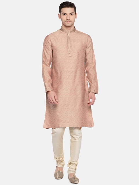 

Ethnicity Men Peach-Coloured & Beige Solid Kurta with Pyjamas