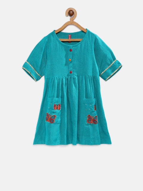 

Ethnicity Girls Teal Solid A-Line Dress