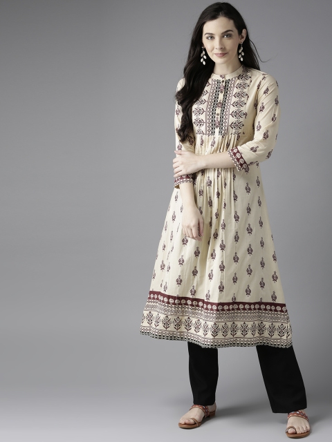 

Moda Rapido Women Beige & Maroon Printed A-Line Kurta