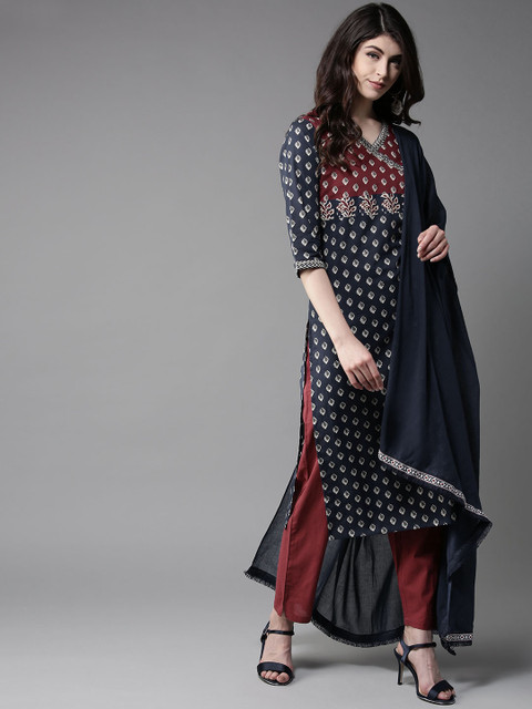 

Moda Rapido Women Navy Blue & Maroon Printed Kurta with Trousers & Dupatta