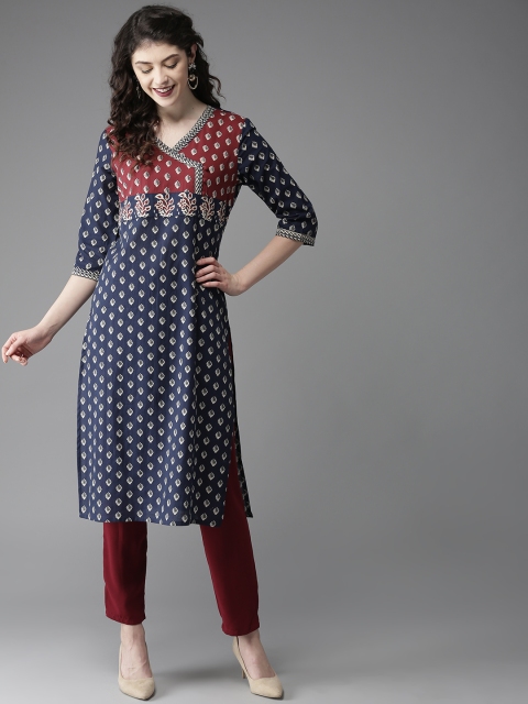 

Moda Rapido Women Navy Blue & Off-White Printed Straight Kurta