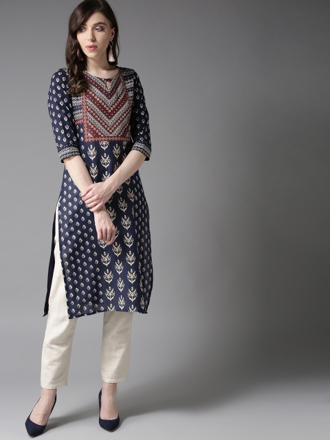 

Moda Rapido Women Navy Blue & Off-White Printed Straight Kurta