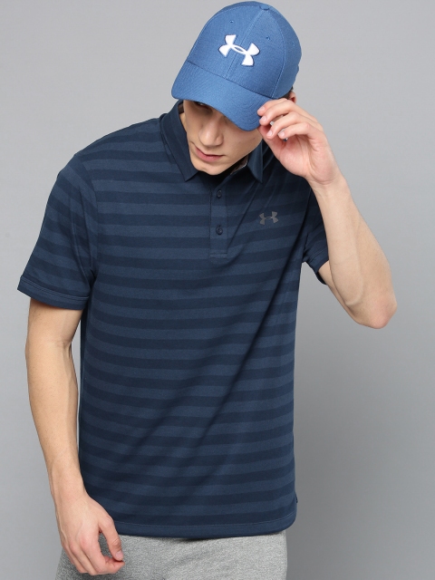 

UNDER ARMOUR Men Navy Blue Striped Charged Cotton Scramble T-Shirt