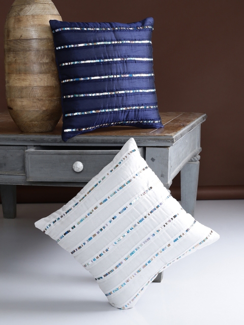 

Alina decor Navy Blue Set of 2 Striped Square Cushion Covers