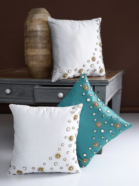 

Alina decor Set of 3 Embellished Square Cushion Covers, Teal