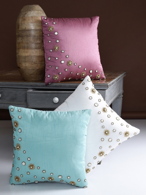 

Alina decor Set of 3 Embellished Square Cushion Covers, Teal